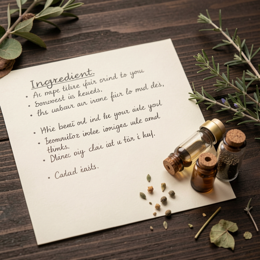 Close-up of handwritten ingredient notes on cream-coloured paper beside small ingredient vials and botanical samples on a dark wooden surface, editorial documentary photograph